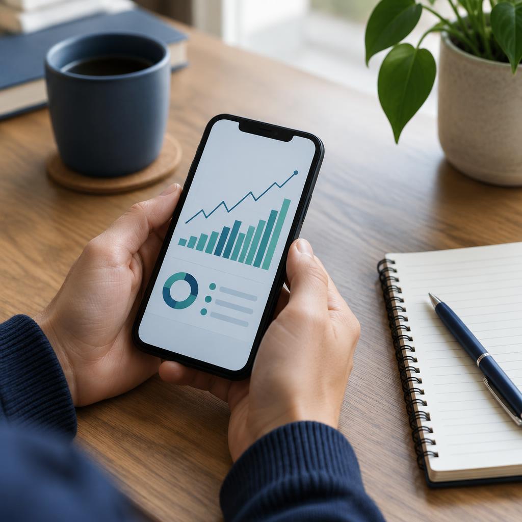 A phone showing a simple financial chart beside a notebook